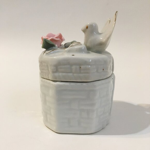 Pink Rose Dove Trinket Box Birds Flower Bow Jewelry Treasure White Porcelain - Picture 5 of 10